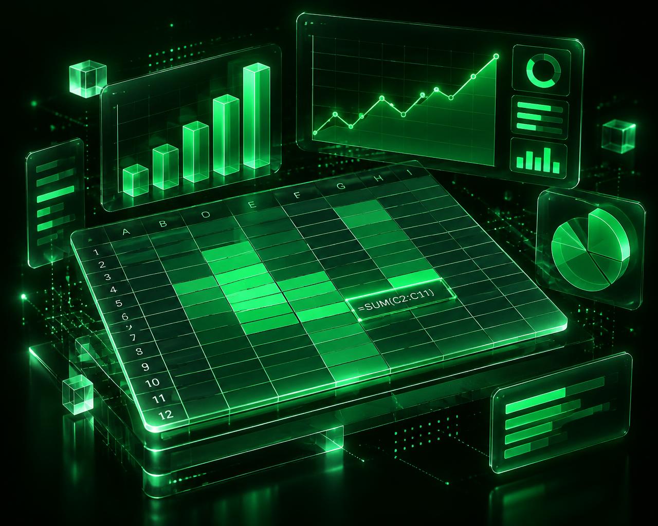 Planilha eletrônica 3D flutuante com gráficos de barras, dashboard de indicadores e células iluminadas em verde neon