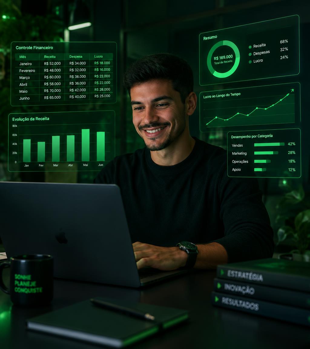 Jovem profissional utilizando notebook com gráficos e planilhas de Excel ao fundo